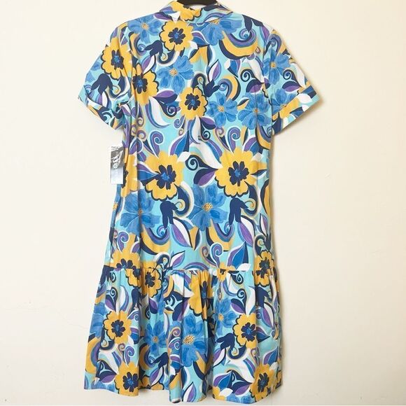 Donna Morgan Vibrant Floral Drop Waist Button-Down Shirt Dress, Sz 4 Blue - Picture 7 of 14